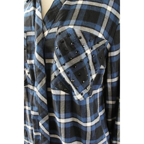 Michael Michael Kors Plaid Button Front Shirt Studded Pockets Blue Black Large - Picture 4 of 10